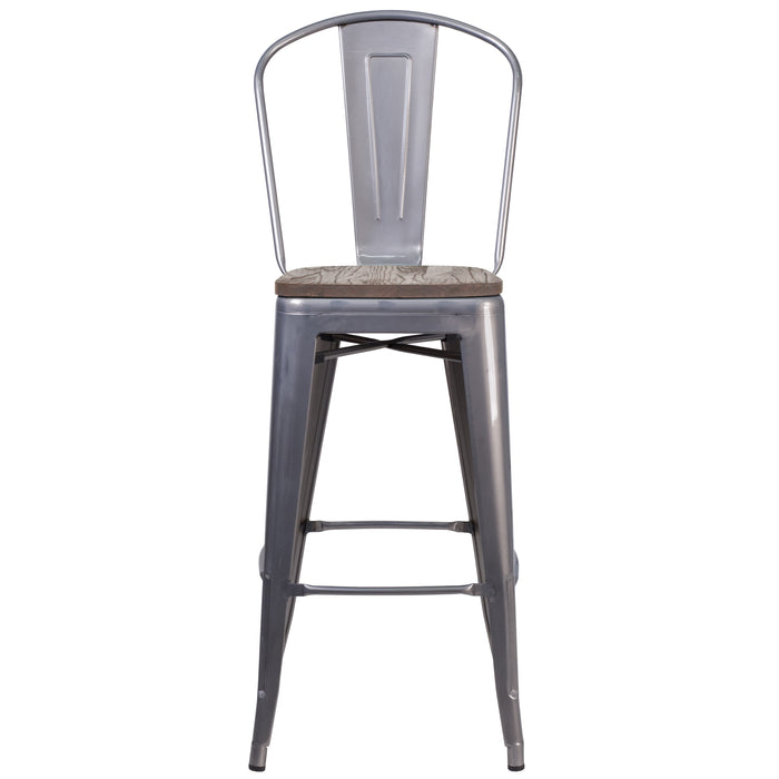 30" High Barstool with Back and Wood Seat
