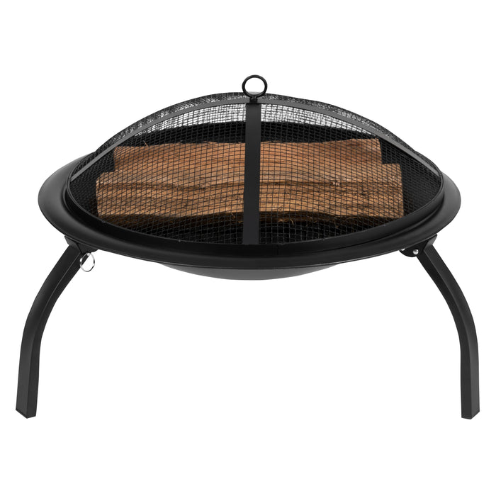 22.5" Iron Foldable Wood Burning Outdoor Firepit with Mesh Screen & Poker