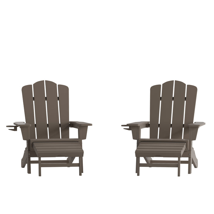 Tiverton Set of 2 Adirondack Chairs with Cup Holders and Pull Out Ottoman, All-Weather HDPE Indoor/Outdoor Lounge Chairs