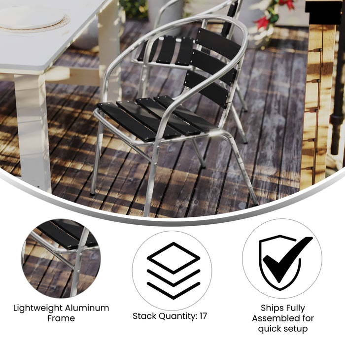 4 Pack Aluminum Commercial Indoor-Outdoor Restaurant Stack Chair with Triple Slat Faux Teak Back