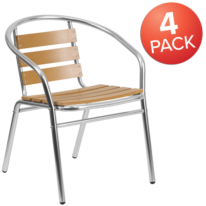 4 Pack Aluminum Commercial Indoor-Outdoor Restaurant Stack Chair with Triple Slat Faux Teak Back
