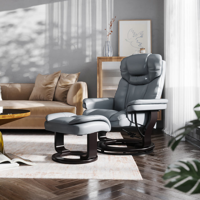 Multi-Position Recliner & Curved Ottoman with Swivel Wood Base