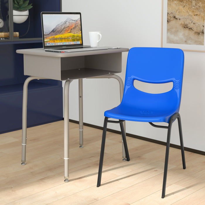 Jacobs Desk/Chair Set with Metal Open Front Storage Box, Desktop, Metal Frame and Stackable Flex Comfort Classroom Chair