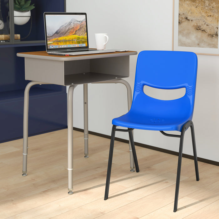 Jacobs Desk/Chair Set with Metal Open Front Storage Box, Desktop, Metal Frame and Stackable Flex Comfort Classroom Chair