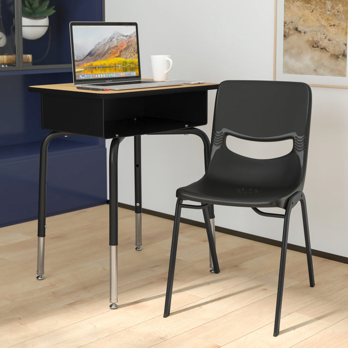 Jacobs Desk/Chair Set with Metal Open Front Storage Box, Desktop, Metal Frame and Stackable Flex Comfort Classroom Chair