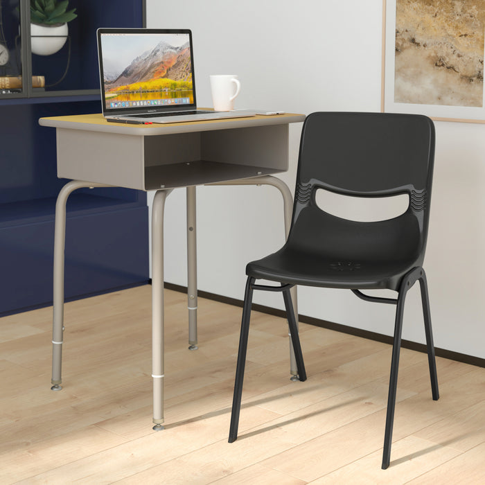 Jacobs Desk/Chair Set with Metal Open Front Storage Box, Desktop, Metal Frame and Stackable Flex Comfort Classroom Chair