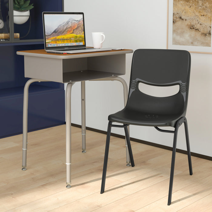 Jacobs Desk/Chair Set with Metal Open Front Storage Box, Desktop, Metal Frame and Stackable Flex Comfort Classroom Chair