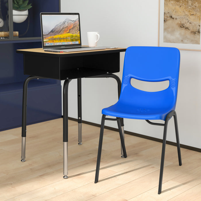 Jacobs Desk/Chair Set with Metal Open Front Storage Box, Desktop, Metal Frame and Stackable Flex Comfort Classroom Chair