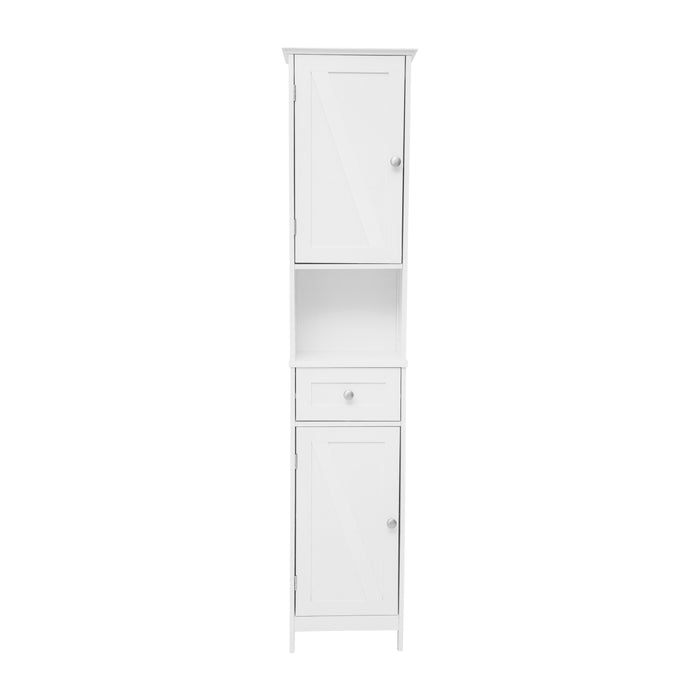 Dante Narrow Freestanding Linen Tower Organizer with Dual Cabinets, Fixed and Adjustable Shelves, Magnetic Closure Doors and Storage Drawer