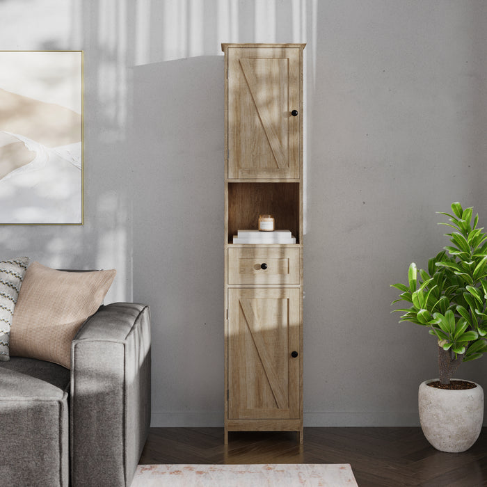 Dante Narrow Freestanding Linen Tower Organizer with Dual Cabinets, Fixed and Adjustable Shelves, Magnetic Closure Doors and Storage Drawer
