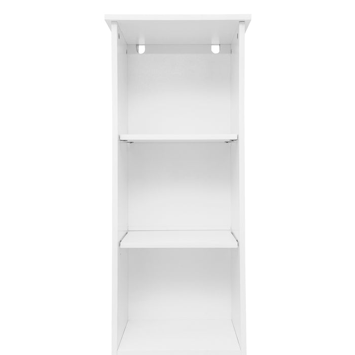 Vesta Narrow Freestanding Linen Tower Cabinet with In-Cabinet Adjustable Shelves, Upper Open Shelves, and Magnetic Closure Door