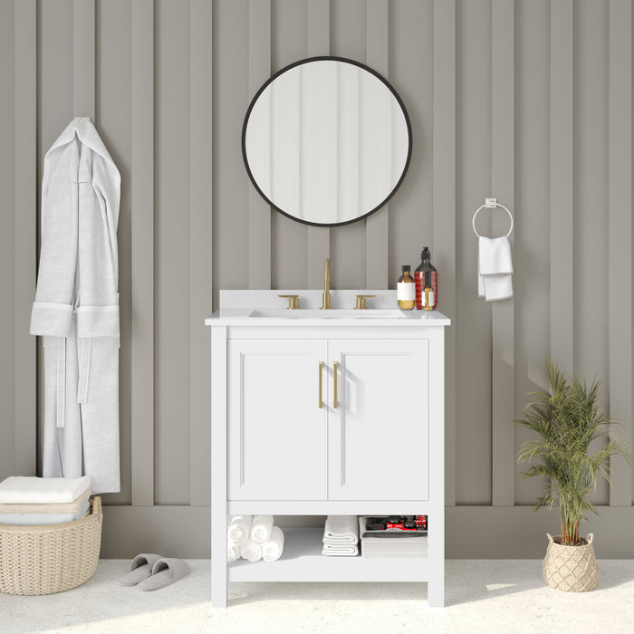 Vesta Bathroom Vanity, Single Sink Cabinet with 2 Soft Close Doors and Open Shelf, Carrara Marble Finish Countertop