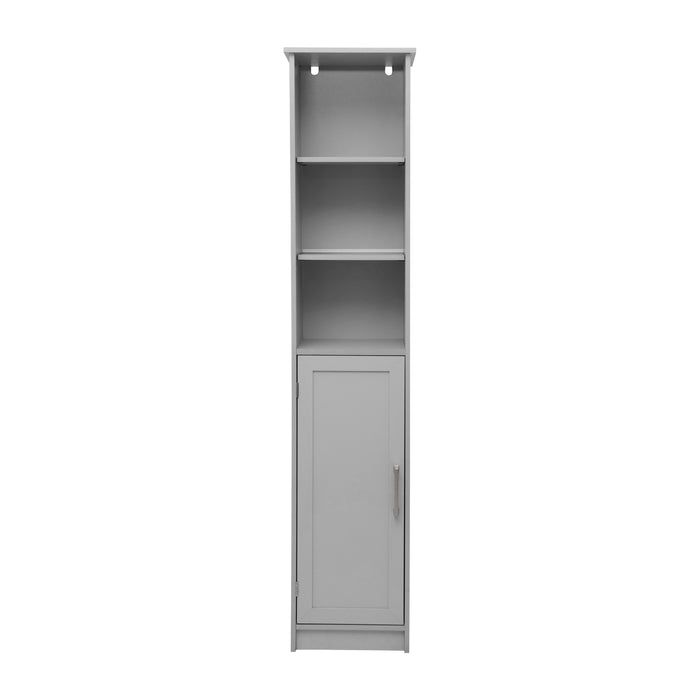 Vesta Narrow Freestanding Linen Tower Cabinet with In-Cabinet Adjustable Shelves, Upper Open Shelves, and Magnetic Closure Door