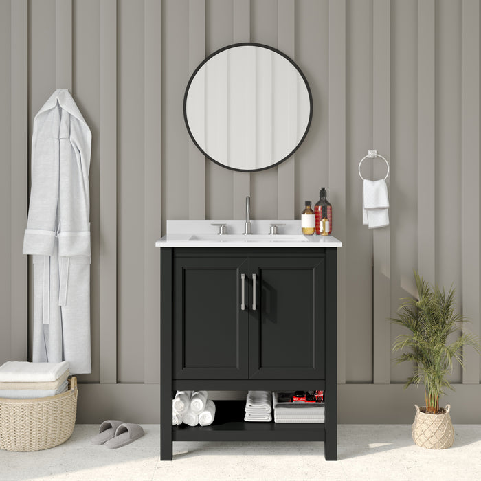 Vesta Bathroom Vanity, Single Sink Cabinet with 2 Soft Close Doors and Open Shelf, Carrara Marble Finish Countertop