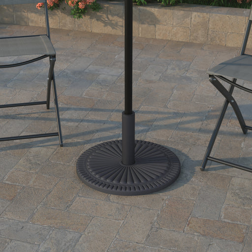 concrete patio umbrella stand Emma + Oliver Keegan 19.25-in Diameter Universal Black Sunburst Pattern Cement Patio Umbrella Base with Weatherproof Plastic Polymer Coating