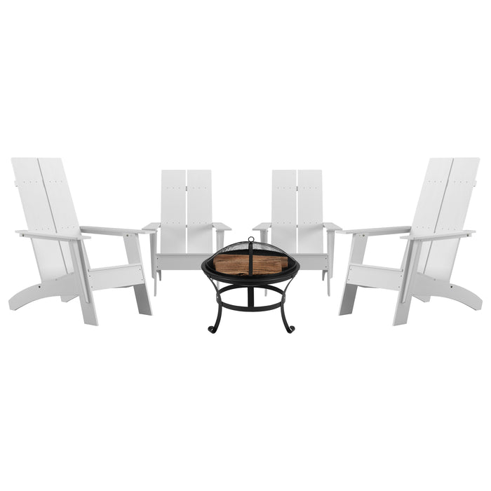 Harmon Set of 4 Modern All-Weather Poly Resin Adirondack Rocking Chairs with a Wood Burning Fire Pit for Outdoor Use