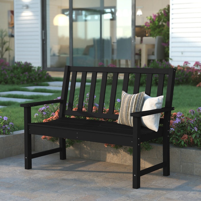 Matlin Indoor/Outdoor Bench with Contoured Seat and Armrests in Recycled HDPE