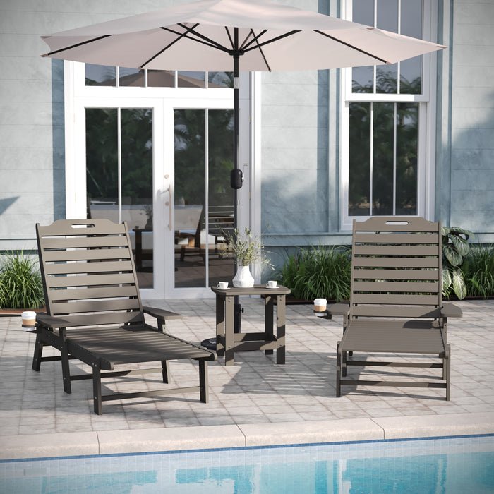 Ventura 3-Piece Indoor/Outdoor Set with 2 Poly Resin Adjustable Adirondack Loungers with Swivel Cup Holders and 2-Tier Side Table