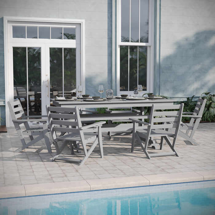 Arcata 7 PC Adirondack Dining Set with 72" Rectangle Indoor/Outdoor Recycled HDPE Table and 6 Chairs with Cupholders