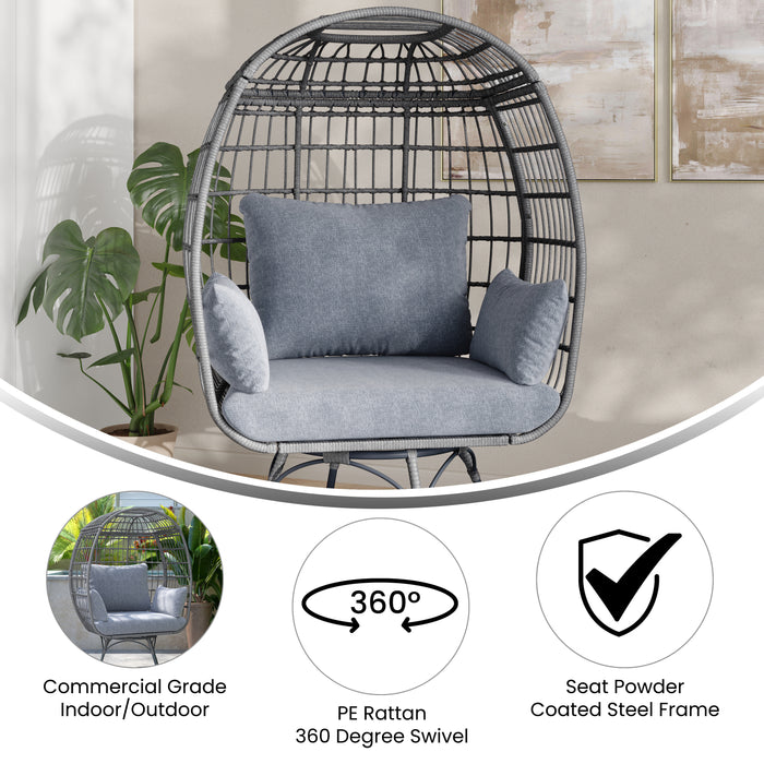 Stafford Indoor/Outdoor Oversized Swivel Lounge Egg Chair with Wicker Rattan Construction and 4 Cushions for Patio, Sunroom, or Deck