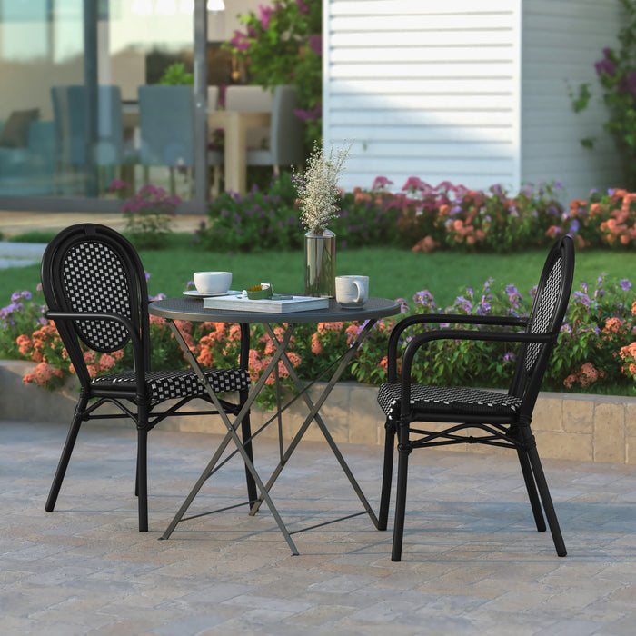 Colmar Set of Two Indoor/Outdoor Stacking Thonet French Bistro Style Chairs with PE Rattan Seat and Finished Metal Frame