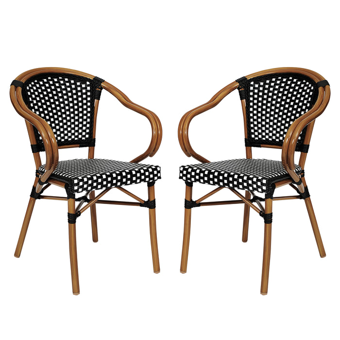 Soie Set of Two Indoor/Outdoor Stacking Thonet French Bistro Style Chairs with Arms, PE Rattan Seat and Bamboo Finished Metal Frame