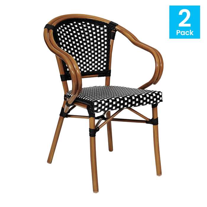 Soie Set of Two Indoor/Outdoor Stacking Thonet French Bistro Style Chairs with Arms, PE Rattan Seat and Bamboo Finished Metal Frame
