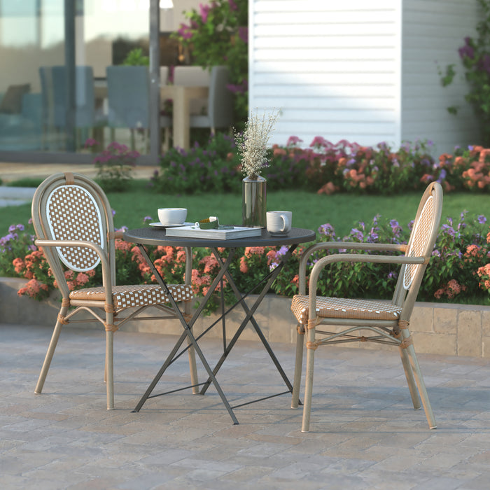 Colmar Set of Two Indoor/Outdoor Stacking Thonet French Bistro Style Chairs with Arms, PE Rattan Seat and Metal Frame