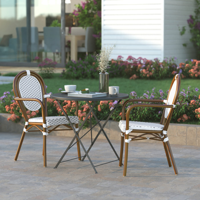 Colmar Set of Two Indoor/Outdoor Stacking Thonet French Bistro Style Chairs with Arms, PE Rattan Seat and Metal Frame