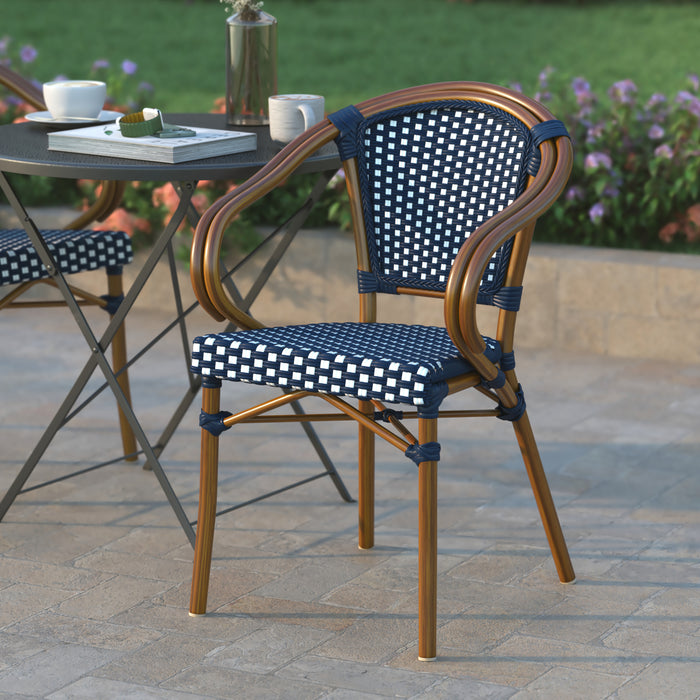 Colmar Set of Two Indoor/Outdoor Stacking Thonet French Bistro Style Chairs with Arms, PE Rattan Seat and Metal Frame