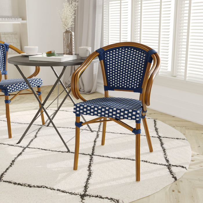 Colmar Set of Two Indoor/Outdoor Stacking Thonet French Bistro Style Chairs with Arms, PE Rattan Seat and Metal Frame