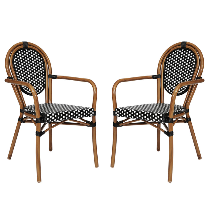 Colmar Set of Two Indoor/Outdoor Stacking Thonet French Bistro Style Chairs with Arms, PE Rattan Seat and Metal Frame