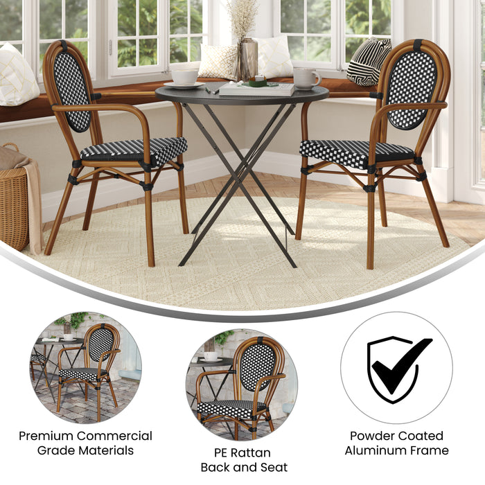 Colmar Set of Two Indoor/Outdoor Stacking Thonet French Bistro Style Chairs with Arms, PE Rattan Seat and Metal Frame