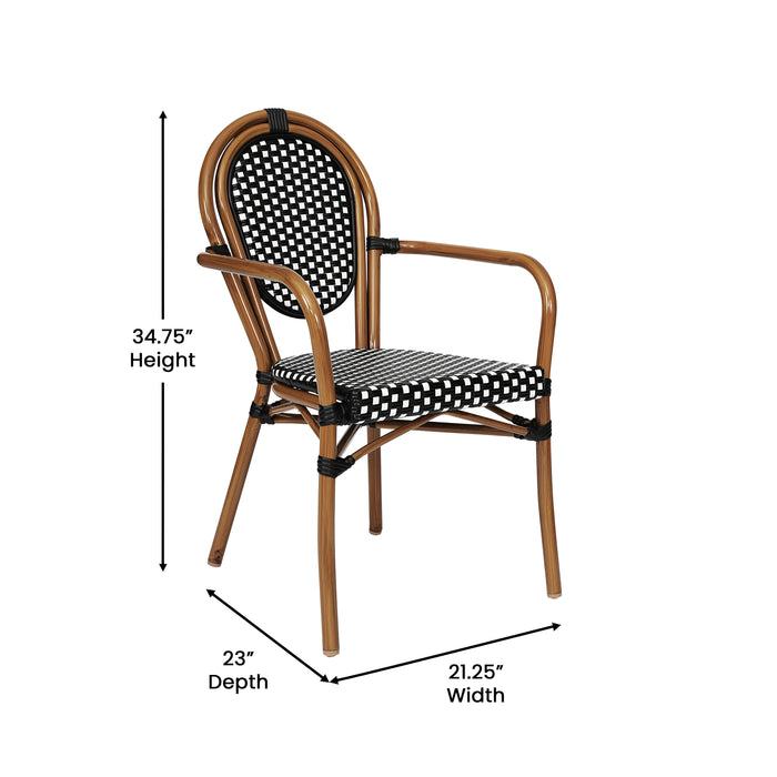 Colmar Set of Two Indoor/Outdoor Stacking Thonet French Bistro Style Chairs with Arms, PE Rattan Seat and Metal Frame