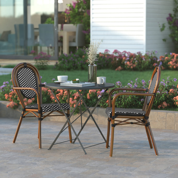 Colmar Set of Two Indoor/Outdoor Stacking Thonet French Bistro Style Chairs with Arms, PE Rattan Seat and Metal Frame