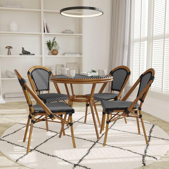Soie Indoor/Outdoor French Bistro Style 31.5 in. Table with PE Rattan, Glass Top, and Four Chairs - Metal Frame