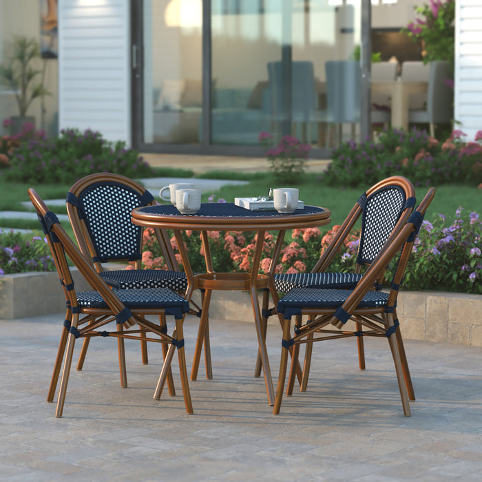 Soie Indoor/Outdoor French Bistro Style 31.5 in. Table with PE Rattan, Glass Top, and Four Chairs - Metal Frame