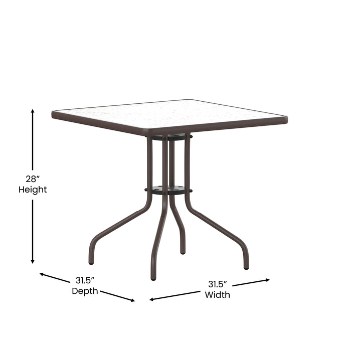Rhea 31.5'' Square Glass Top Metal Table with 4 Aluminum Slat Stack Chairs