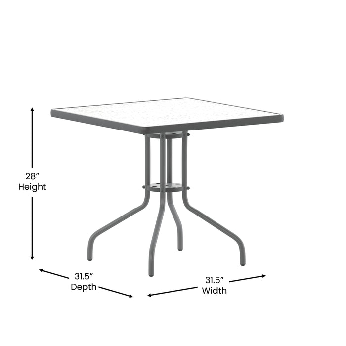 Rhea 31.5'' Square Glass Top Metal Table with 4 Aluminum Slat Stack Chairs