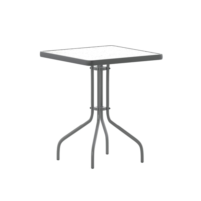 Rhea 23.5'' Square Glass Top Metal Table with 2 Aluminum Slat Stack Chairs