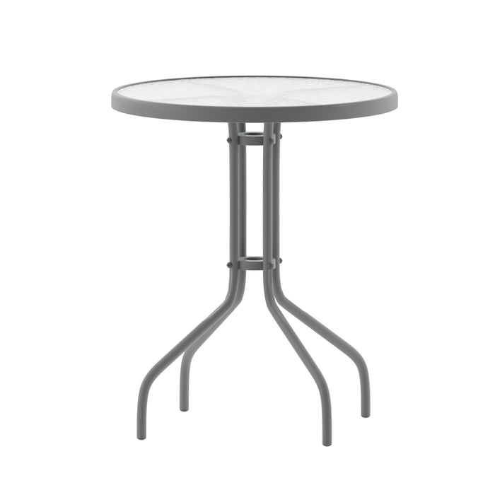 Rhea 23.75'' Round Glass Top Metal Table with 2 Aluminum Slat Stack Chairs