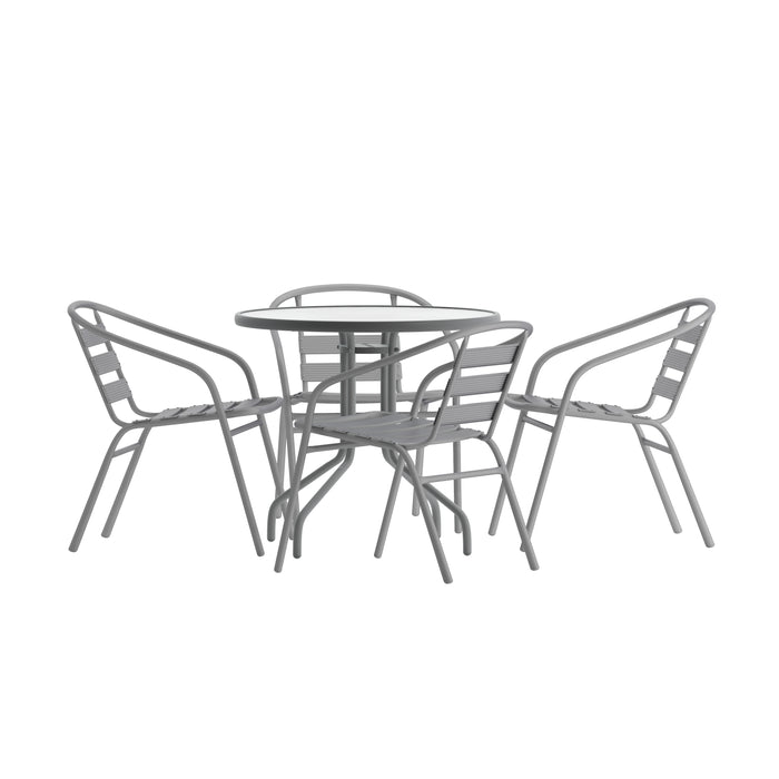 Rhea 31.5'' Round Glass Top Metal Table with 4 Aluminum Slat Stack Chairs