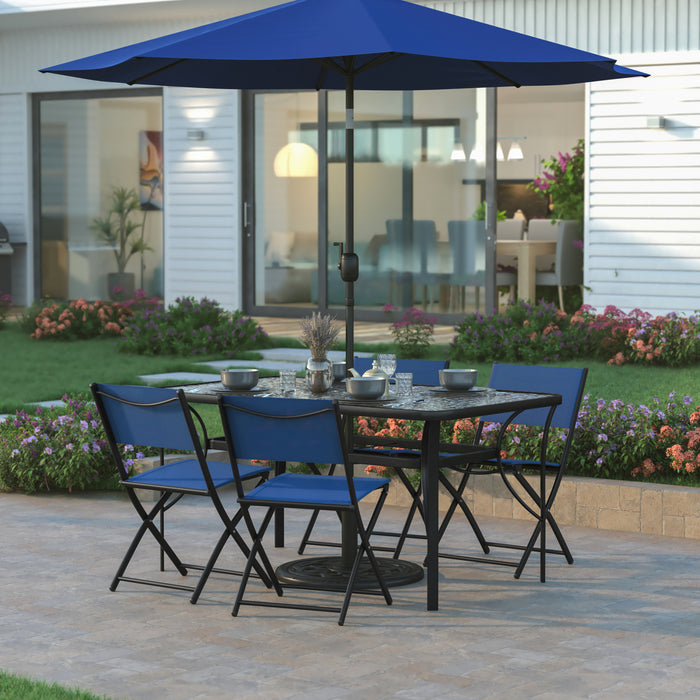 Tala Rectangular Tempered Glass Top Patio Table with Umbrella Hole and Black Steel Tube Frame