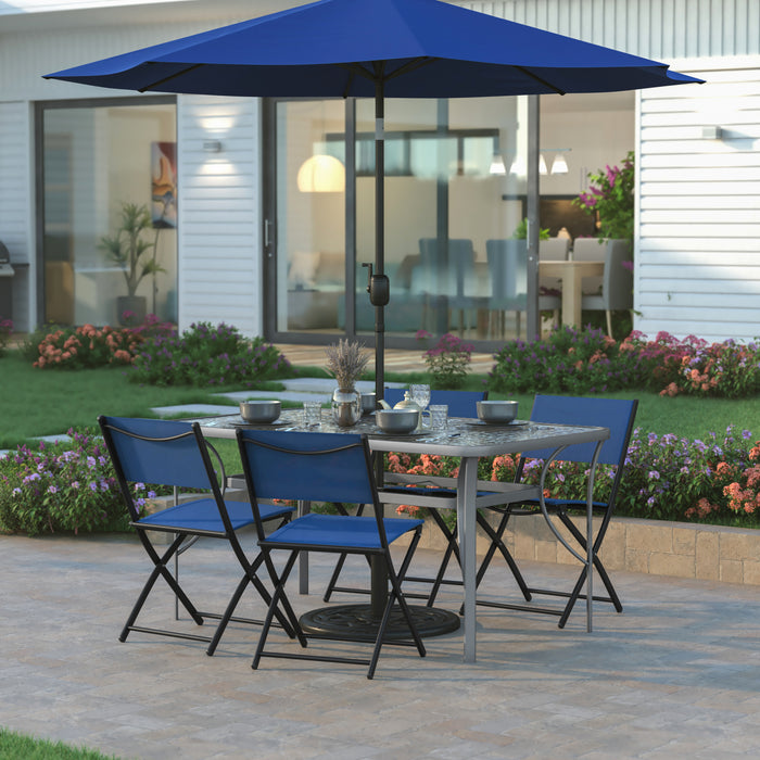 Tala Rectangular Tempered Glass Top Patio Table with Umbrella Hole and Black Steel Tube Frame