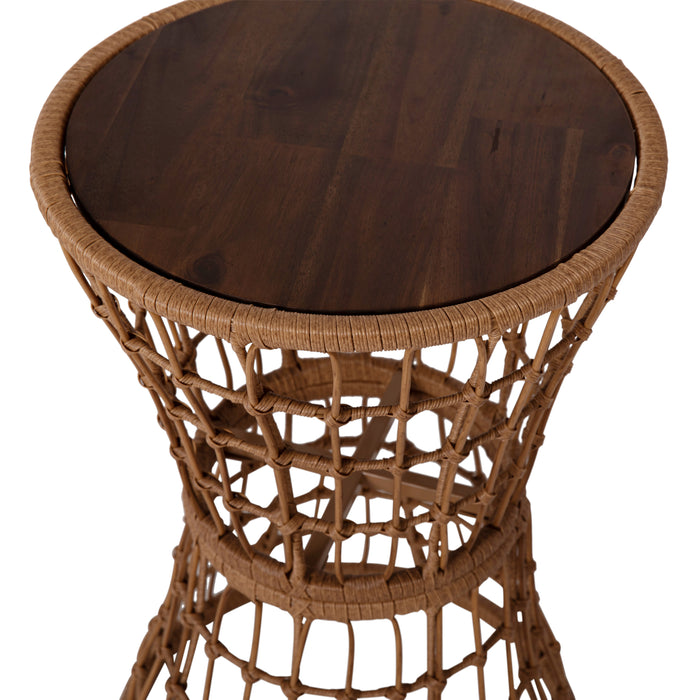 Ari All-Weather Faux Rattan Rope Patio Table with Acacia Wood Top for Indoor and Outdoor Use