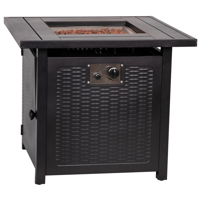 Calder 50,000 BTU Propane Fire Table with Wicker Motif Steel Base and Steel Tabletop with Included Lid, Lava Rocks, and Tank Holder