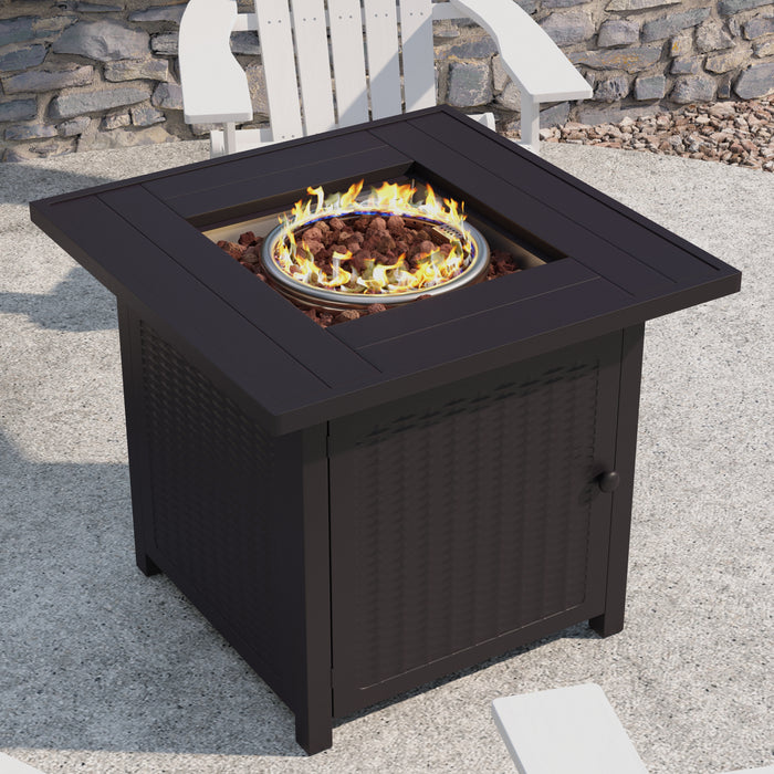 Calder 50,000 BTU Propane Fire Table with Wicker Motif Steel Base and Steel Tabletop with Included Lid, Lava Rocks, and Tank Holder