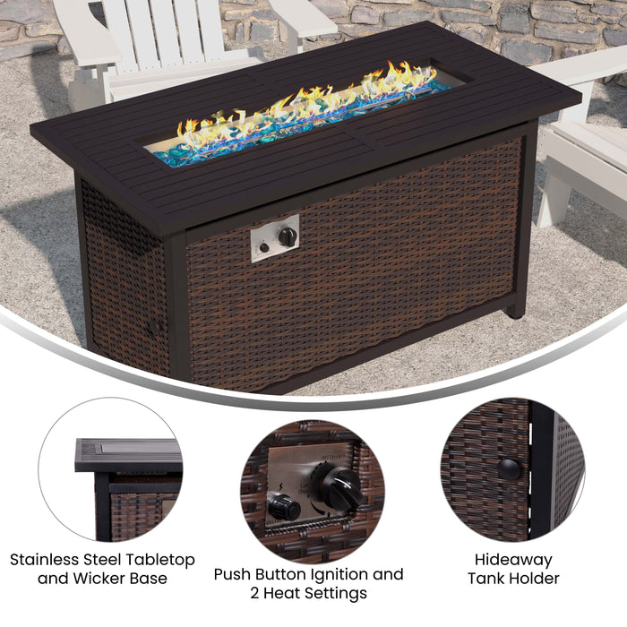 Ilya 50,000 BTU Propane Gas Fire Table with Weather Resistant Wicker Base, Steel Tabletop, Glass Beads and Hideaway Tank Holder