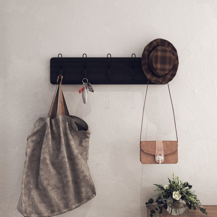 coat rack for hanging plants Hbcy Creations 24" Wall Mounted Storage Rack - Pine Wood Construction - Black Wash Finish - 5 Hooks