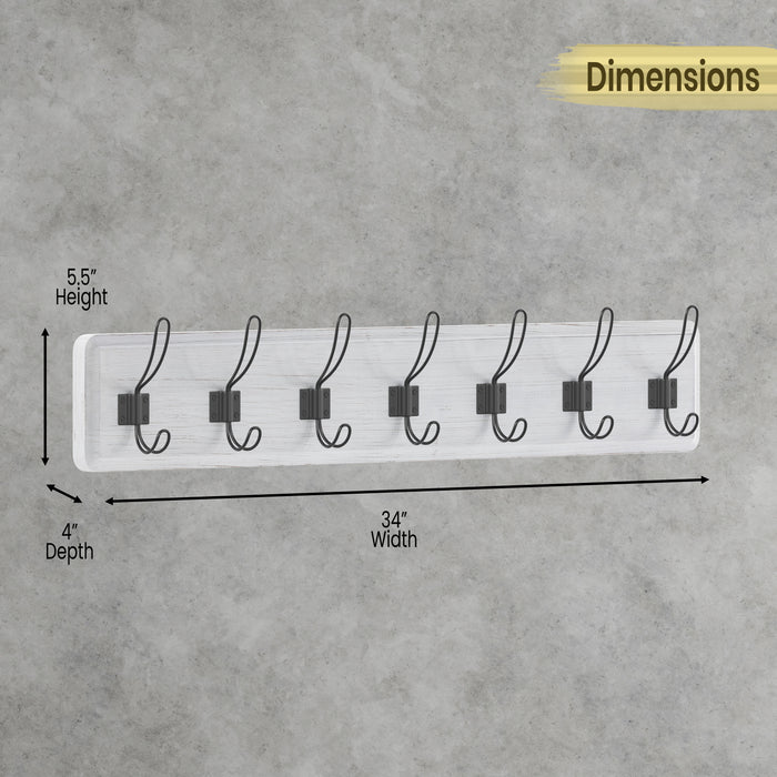 Wall Mounted Storage Rack - Pine Wood Construction - 7 Hooks - Ideal for Entryway, Kitchen, Bathroom and More